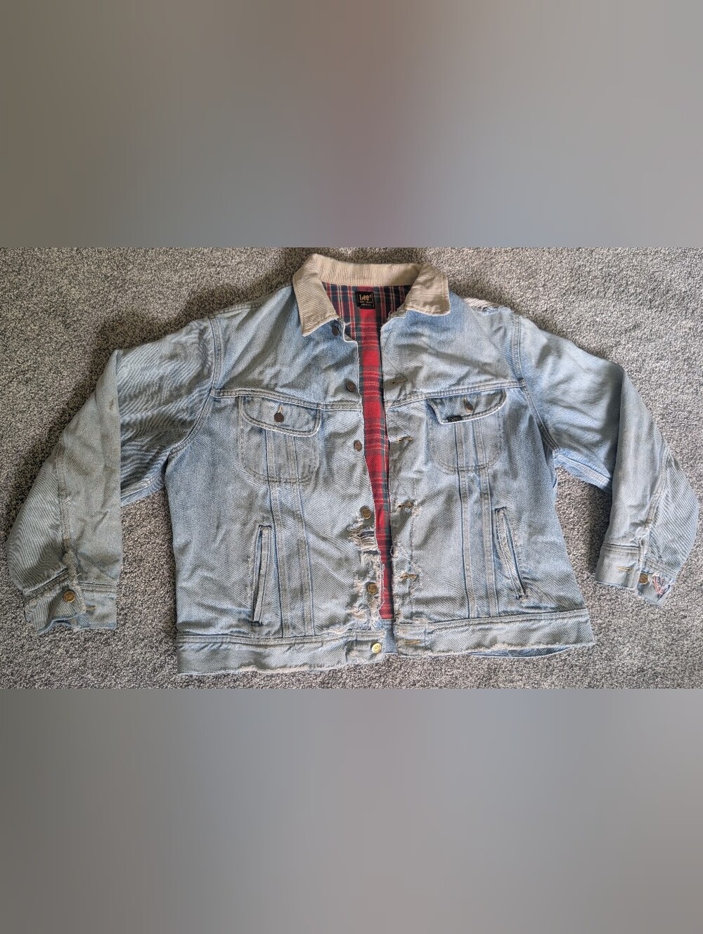 Vintage 1970s Lee Riders Distressed Denim Jacket Plaid Lined Corduroy Collar USA